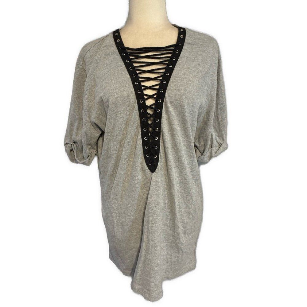 Emma Sam Gray Black Lace Up Oversized Short Sleeve Top T Shirt Cotton Small $108